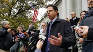 Josh Koskoff, a lawyer representing the families of Sandy Hook shooting victims, speaks outside the Connecticut Supreme Court in this file photo from 2017. Patrick Skahill/Connecticut Public Radio
