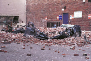 Damage from fallen bricks in Seattle's Pioneer Square district after the 2001 Nisqually Quake. CREDIT: KEVIN GALVIN / FEMA NEWS