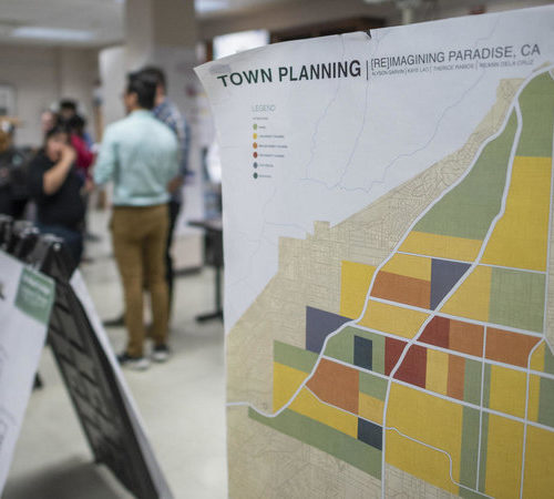 Cal Poly architecture students focused on reimagining and rebuilding Paradise, Calif., by presenting models, renderings and updated concepts during a community forum in Chico, Calif. CREDIT: JASON HALLEY/CSU CHICO