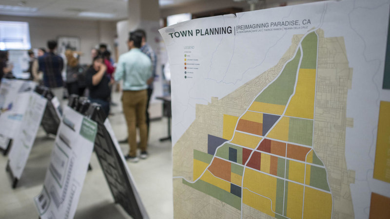 Cal Poly architecture students focused on reimagining and rebuilding Paradise, Calif., by presenting models, renderings and updated concepts during a community forum in Chico, Calif. CREDIT: JASON HALLEY/CSU CHICO