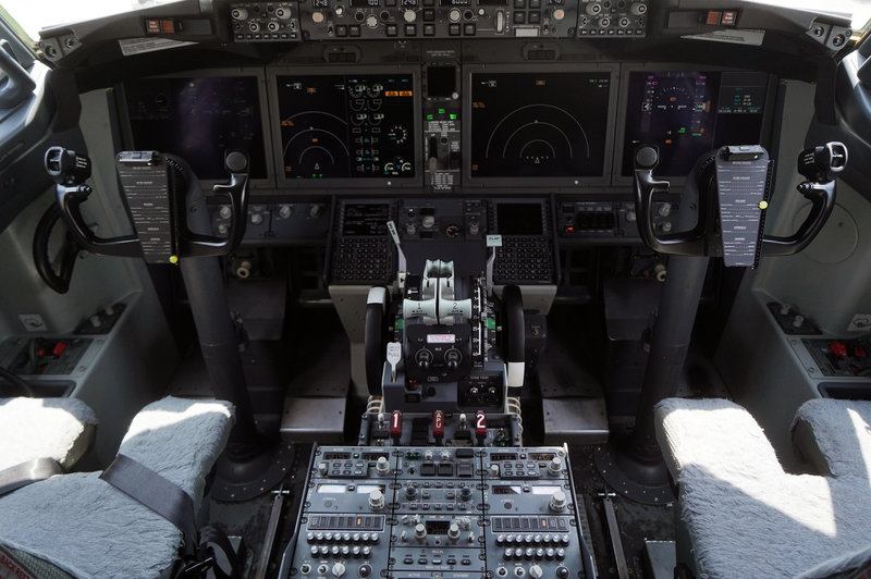 The cockpit of a grounded Lion Air Boeing 737 Max 8 aircraft is seen on March 15. CREDIT: Dimas Ardian/Bloomberg/Getty Images