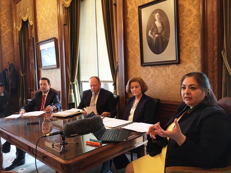 Washington State Sen. Manka Dhingra speaks to reporters during a briefing on the Senate Democratic budget on Friday. AUSTIN JENKINS / N3