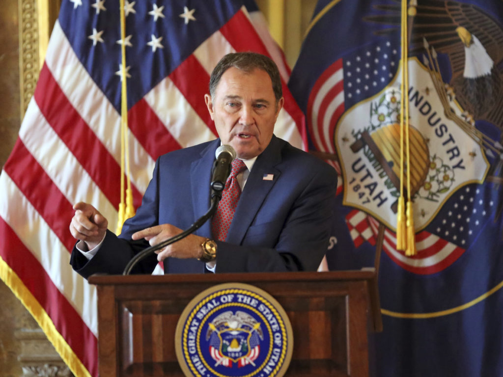 Utah Gov. Gary Herbert speaks during a 2018 news conference in Salt Lake City. On Wednesday, he signed a bill that decriminalized sex outside of marriage. Rick Bowmer/AP