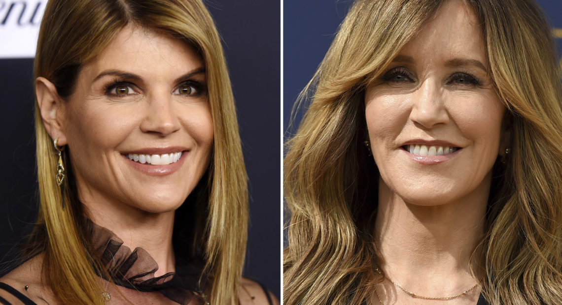 A composite photo shows Lori Loughlin (left) and Felicity Huffman — two actresses charged in what the Justice Department says is a massive cheating scheme that rigged admissions to elite universities. CREDIT: AP