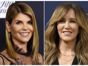 A composite photo shows Lori Loughlin (left) and Felicity Huffman — two actresses charged in what the Justice Department says is a massive cheating scheme that rigged admissions to elite universities. CREDIT: AP