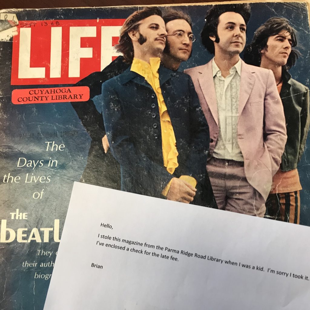 The staff at Ohio's Cuyahoga County Public Library were surprised to receive a 1968 issue of Life magazine featuring the Beatles from someone who said he stole it as a kid. Cuyahoga County Public Library