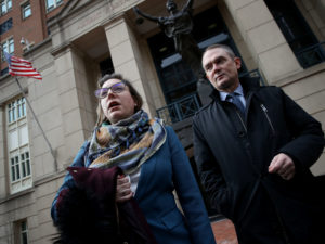 Attorneys for Chelsea Manning — Moira Meltzer-Cohen, left, and Christopher Leibig — speak after she was taken into custody after refusing to answer questions from a federal grand jury investigating the release of documents to WikiLeaks. Win McNamee/Getty Images