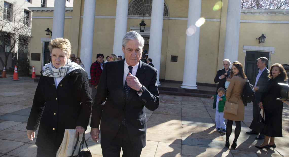 Special counsel Robert Mueller walks with his wife, Ann, in Washington, D.C., on Sunday. The Justice Department is expected to send a summary of his findings to Congress. Tasos Katopodis/Getty Images