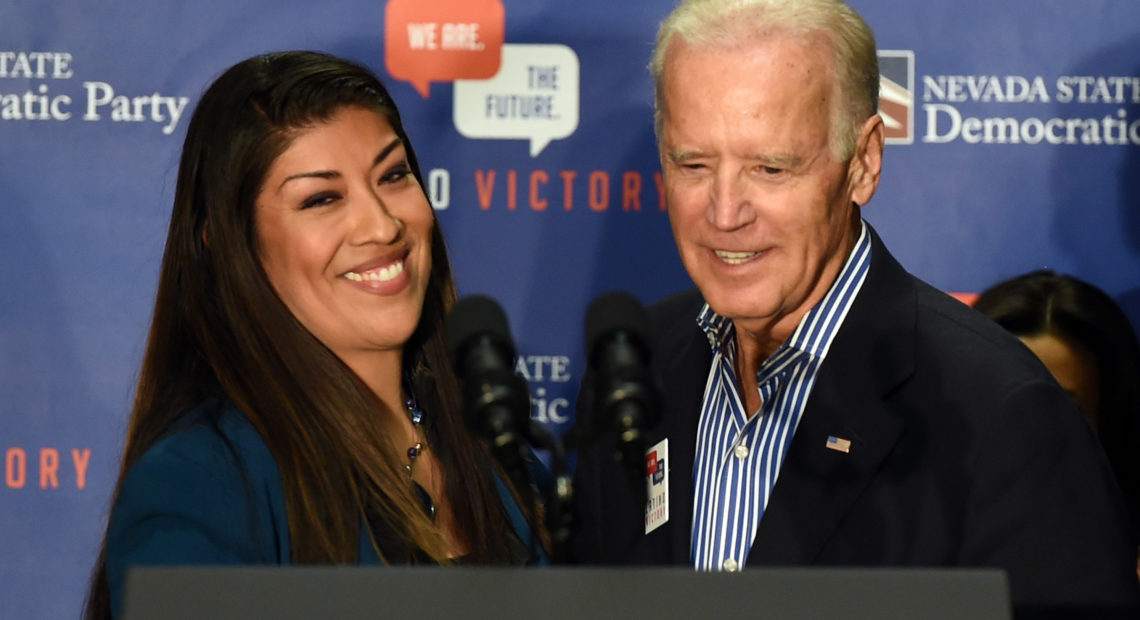 Then-Democratic candidate for lieutenant governor Lucy Flores and then-Vice President Joe Biden at a rally on Nov. 1, 2014 in Las Vegas. Flores accuses Biden of acting inappropriately during that visit. Ethan Miller/Getty Images