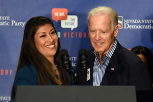 Then-Democratic candidate for lieutenant governor Lucy Flores and then-Vice President Joe Biden at a rally on Nov. 1, 2014 in Las Vegas. Flores accuses Biden of acting inappropriately during that visit. Ethan Miller/Getty Images