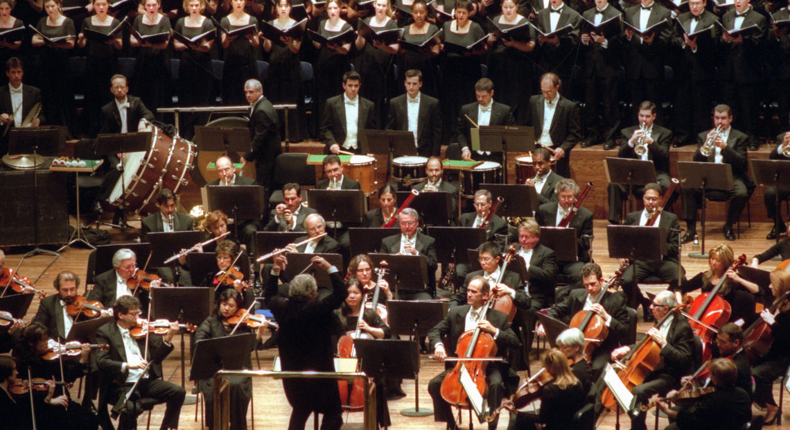 The Westminster Choir, performing with the New York Philharmonic and conductor Colin Davis in New York City in 2003. Hiroyuki Ito/Getty Images