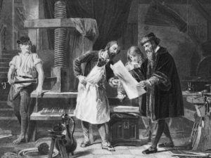 An illustration depicting Johannes Gutenberg taking the first proof off his printing press.