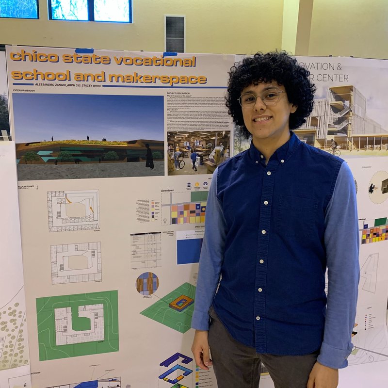 Third-year architecture student Alessandro Zanghi is proposing a new vocational college in Paradise to train people in carpentry, plumbing and other trades that will be in high demand as the foothills town looks to rebuild. CREDIT: KIRK SIEGLER/NPR