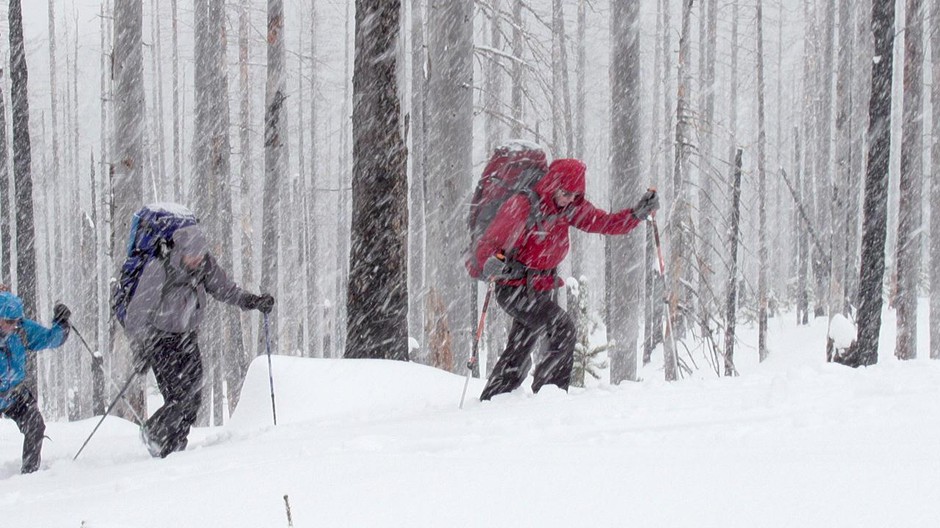 Andre Fortin and Jennifer Fortin skiing up to Tilly Jane. CREDIT: GREG DAVIS/OPB