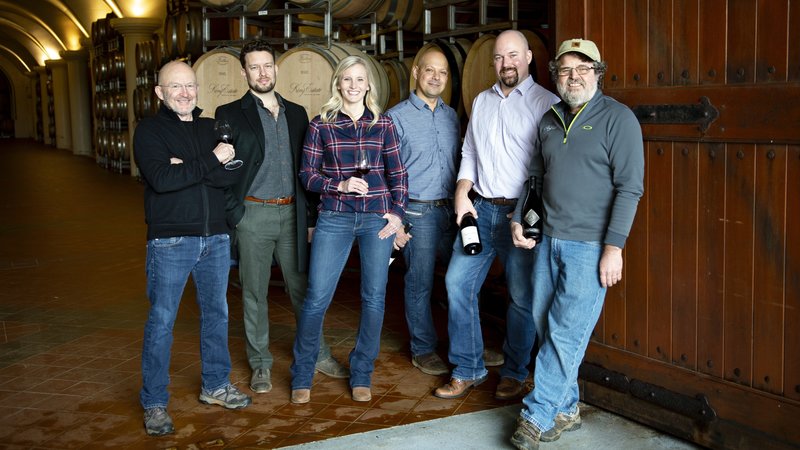 Members of the Oregon Solidarity project include (from left) Ed King and Justin King of King Estate Winery; Christine Clair and Joe Ibrahim of Willamette Valley Vineyards, and Brent Stone and Ray Nuclo, also of King Estate Winery. CREDIT: CAROLYN WELLS KRAMER/NPR