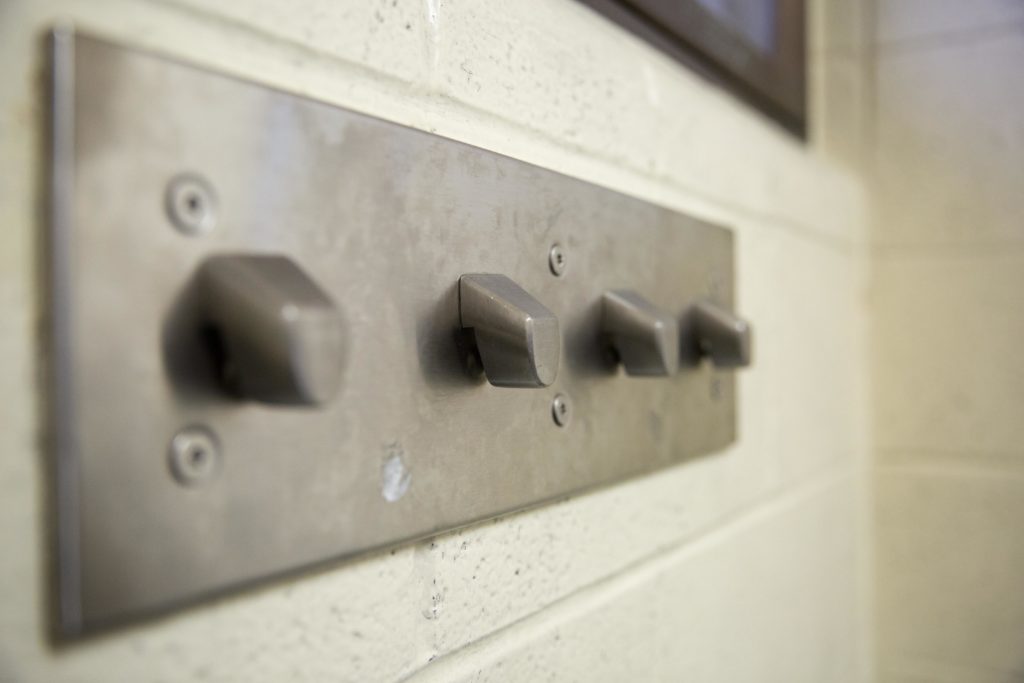 A ball-bearing hook system in a Clark County Jail cell in Vancouver, Washington, on March 14, 2019. The bearings allow inmates to hang light personal items but does not allow a cord or rope to be affixed to the bearings. CREDIT: Bryan M. Vance/ OPB