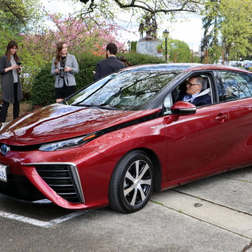 Washington Gov. Jay Inslee sets out on a test drive Wednesday, April 17, 2019 in a Toyota Mirai hydrogen fuel cell car. CREDIT: TOM BANSE/N3