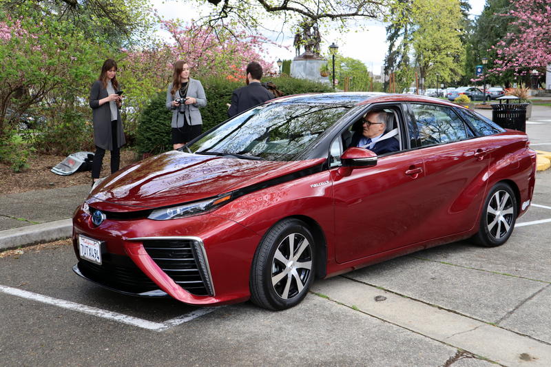 Washington Gov. Jay Inslee sets out on a test drive Wednesday, April 17, 2019 in a Toyota Mirai hydrogen fuel cell car. CREDIT: TOM BANSE/N3