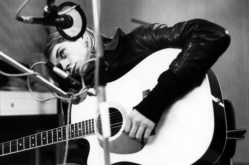 Kurt Cobain in the studio with Nirvana in late 1991. CREDIT: Michel Linssen/Redferns/Getty Images