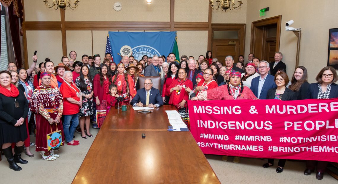 The governor's conference room was full Wednesday, April 24, 2019 as tribal members from throughout Washington watched Gov. Jay Inslee sign Rep. Gina Mosbrucker's House Bill 1713 into law. Courtesy of Washington House Republicans media office