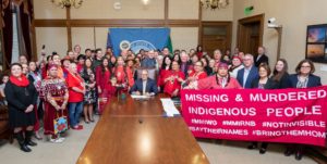The governor's conference room was full Wednesday, April 24, 2019 as tribal members from throughout Washington watched Gov. Jay Inslee sign Rep. Gina Mosbrucker's House Bill 1713 into law. Courtesy of Washington House Republicans media office