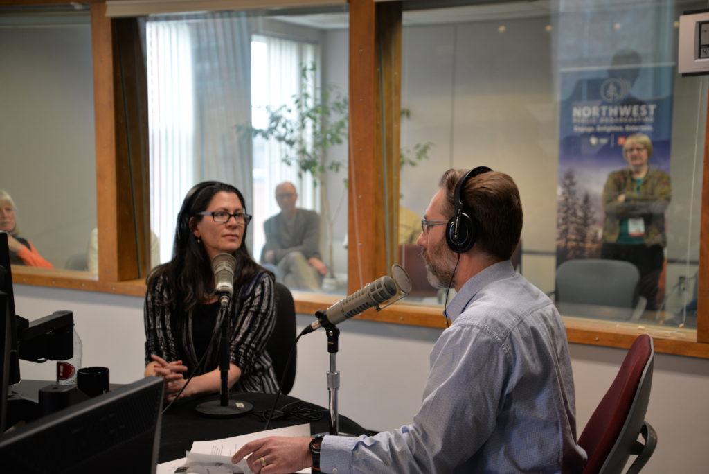 Melissa Block in conversation with Thom Kokenge at the NWPB studios in Pullman, April 4, 2019. CREDIT: Hannah Whisenant