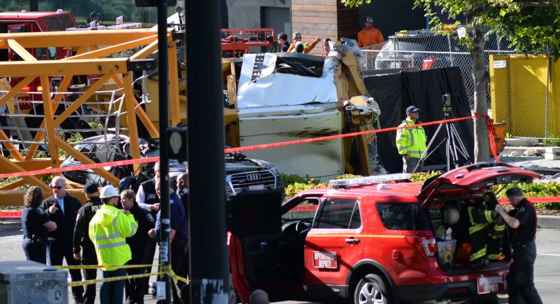 Scene of a crane collapse in downtown Seattle on Saturday, April 27, 2019. CREDIT: GIL AEGERTER/KUOW