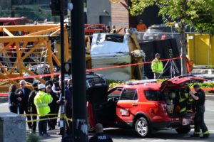Scene of a crane collapse in downtown Seattle on Saturday, April 27, 2019. CREDIT: GIL AEGERTER/KUOW