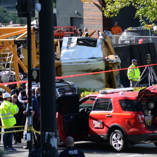Scene of a crane collapse in downtown Seattle on Saturday, April 27, 2019. CREDIT: GIL AEGERTER/KUOW