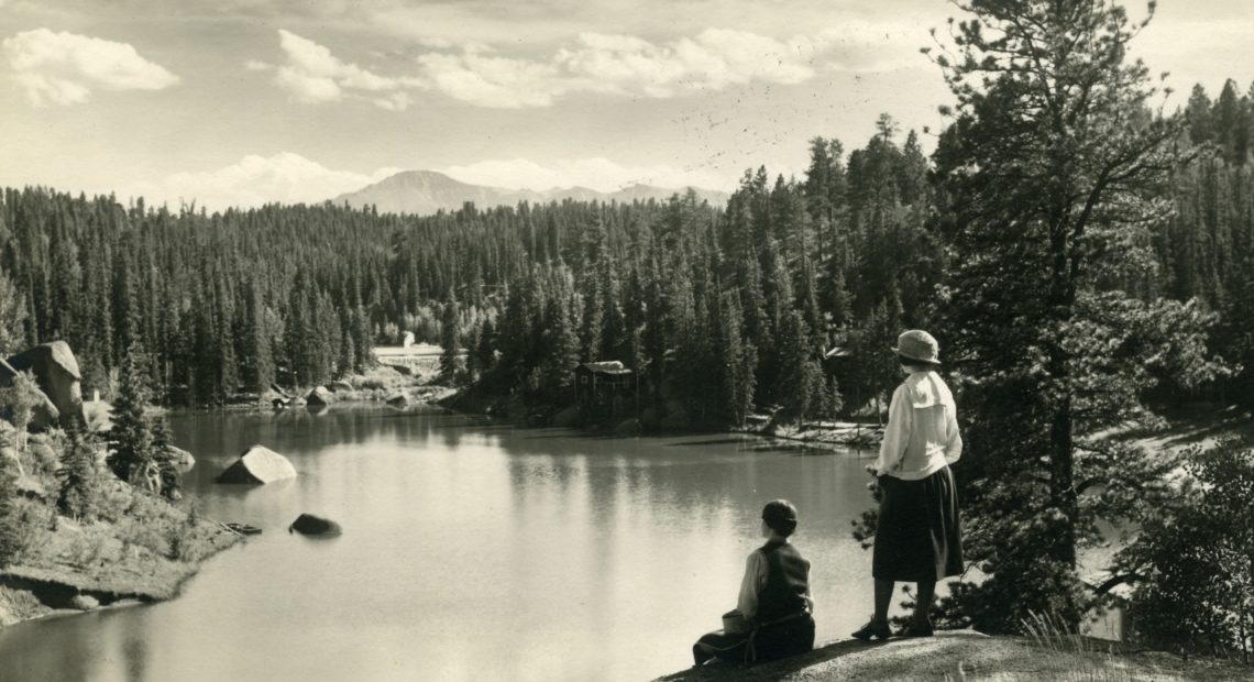 A view of Pikes Peak from the Carroll Lakes, circa 1925. Katharine Lee Bates' trip up the Colorado mountain inspired her poem "America," later to become the song "America the Beautiful." CREDIT: Harry L. Standley/Courtesy of the Colorado Springs Pioneers Museum