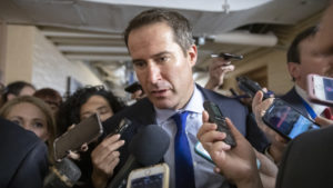 Rep. Seth Moulton, D-Mass., seen being questioned by reporters on Capitol Hill last year, is joining the large field of Democratic presidential candidates. J. Scott Applewhite/AP