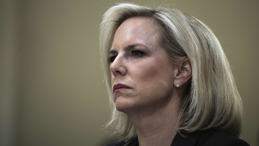 Secretary of Homeland Security Kirstjen Nielsen is leaving her post, President Trump announced Sunday. Here she testifies on Capitol Hill on March 6. CREDIT: Jim Watson/AFP/Getty Images