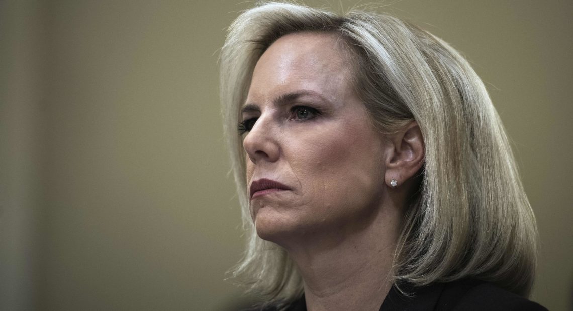Secretary of Homeland Security Kirstjen Nielsen is leaving her post, President Trump announced Sunday. Here she testifies on Capitol Hill on March 6. CREDIT: Jim Watson/AFP/Getty Images