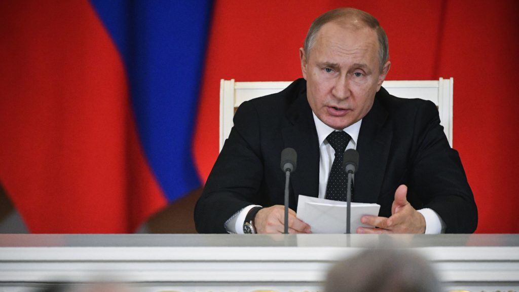 Russian President Vladimir Putin holds a news conference at the Kremlin in Moscow on April 8, 2019. Alexander Nemenov/AFP/Getty Images