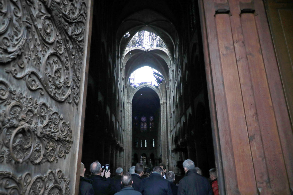 An interior view of the Notre Dame Cathedral in Paris on Monday. Four hundred firefighters worked through the night, battling the flames, managing to contain them by early morning local time and then by mid-morning Tuesday the fire was fully extinguished. Christophe Petit Tesson/AFP/Getty Images