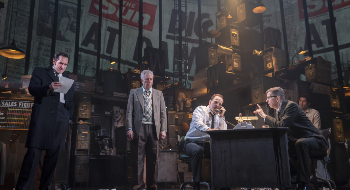 Bertie Carvel (left) plays a young Rupert Murdoch in the play Ink, which chronicles the media mogul's early attempts to upend the insular world of British newspaper publishing. Also pictured: Bill Buell, Jonny Lee Miller, Robert Stanton and Eden Marryshow. Joan CREDIT: Marcus/Boneau/Bryan-Brown