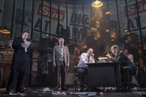 Bertie Carvel (left) plays a young Rupert Murdoch in the play Ink, which chronicles the media mogul's early attempts to upend the insular world of British newspaper publishing. Also pictured: Bill Buell, Jonny Lee Miller, Robert Stanton and Eden Marryshow. Joan CREDIT: Marcus/Boneau/Bryan-Brown