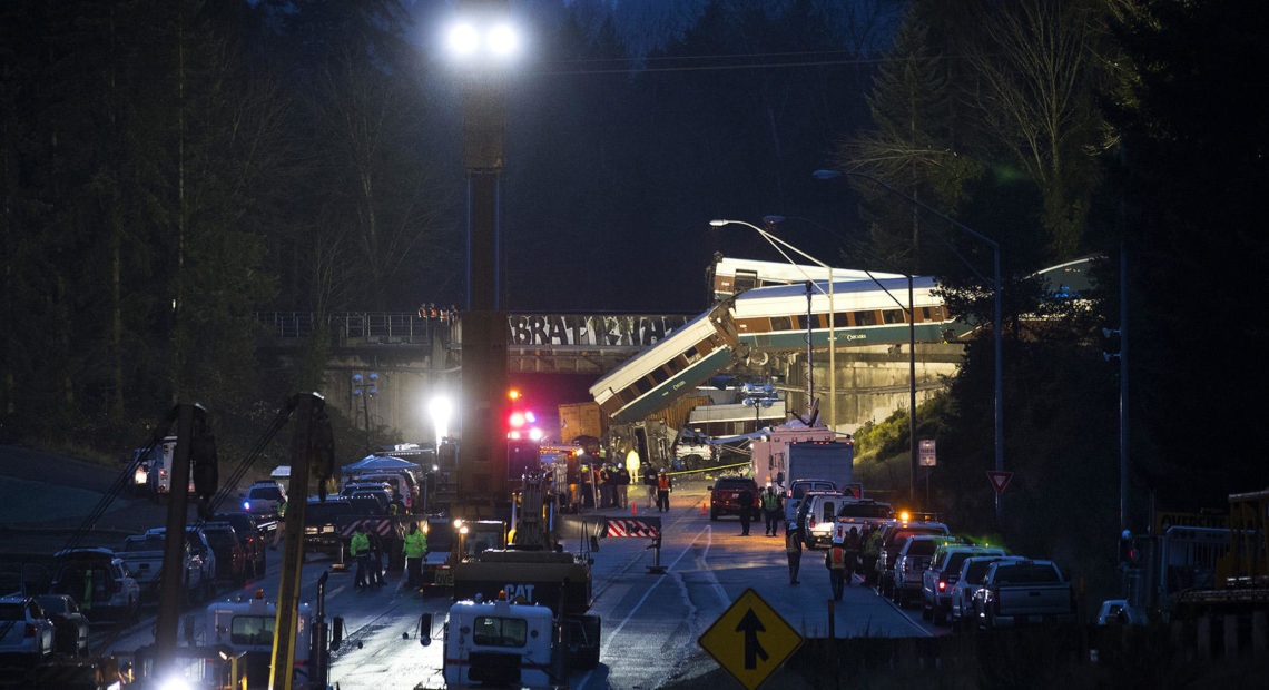 The Amtrak Cascades train derailed at 78 mph at a highway overpass near DuPont, Washington on December 18, 2017. CREDIT: MEGAN FARMER / KUOW
