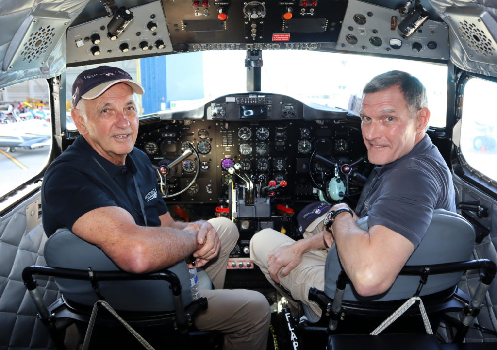 Pilots Eugene Vezzetti, left, and Bill Mnich in the slightly-modernized cockpit of the historic DC-3. CREDIT: TOM BANSE/NW NEWS NETWORK