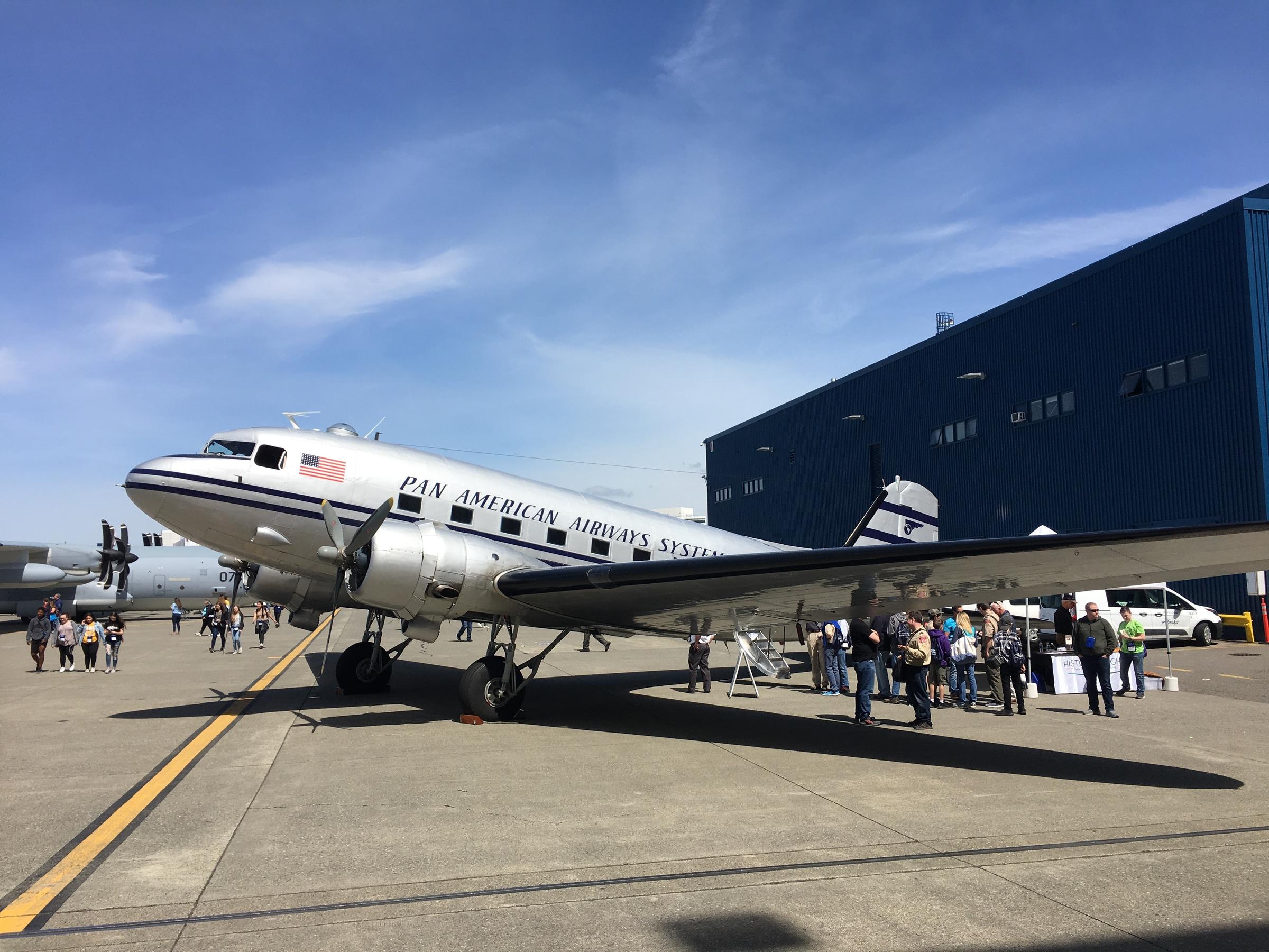 The vintage DC-3 owned by Historic Flight Foundation was on display at Sea-Tac Airport in early May before commencing its long trip to Europe. CREDIT: TOM BANSE / NW NEWS NETWORK
