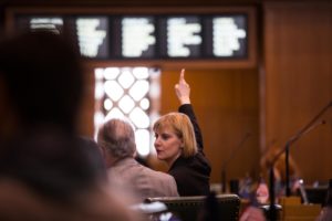 House Majority Leader Jennifer Williamson, D-Portland, signals her vote on the House floor at the Capitol in Salem, Ore., Tuesday, April 2, 2019. CREDIT: BRADLEY W. PARKS/OPB