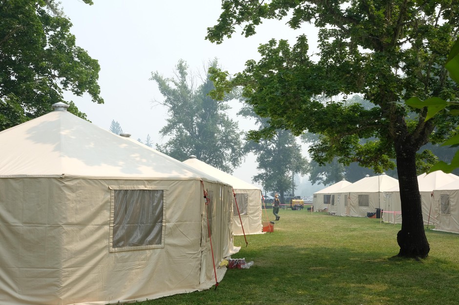 For every major fire, a small city must be set up to support the firefighting effort. Air-conditioned yurts house the command team setting up a communications network, medical facilities, weather forecasting, finance, etc. CREDIT: SAGE VAN WING/OPB
