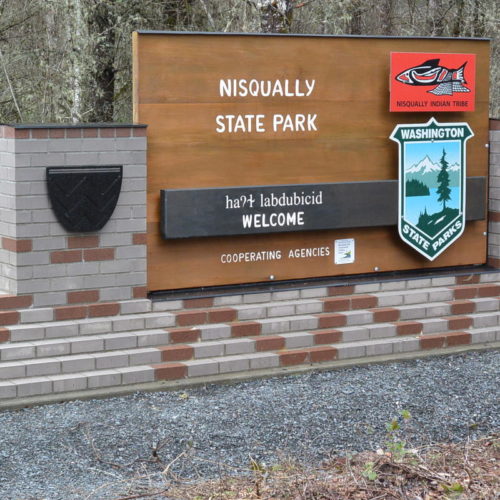 The new entrance sign telegraphs the state-tribal partnership to manage the new state park. CREDIT: WA STATE PARKS