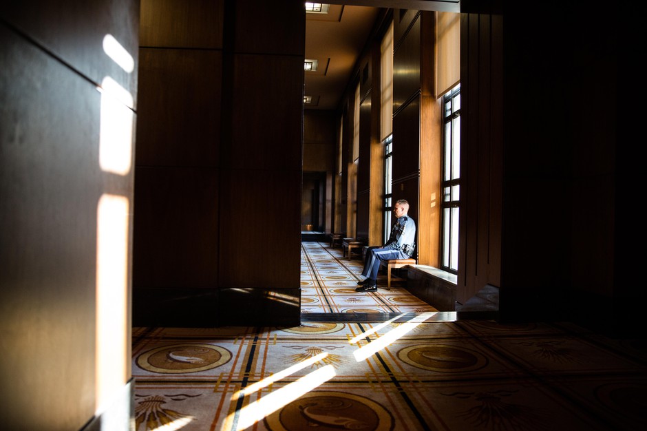 An Oregon State Police trooper views state Senate proceedings in the Capitol, Monday, Jan. 14, 2019, in Salem, Ore. CREDIT: Bradley W. Parks/OPB