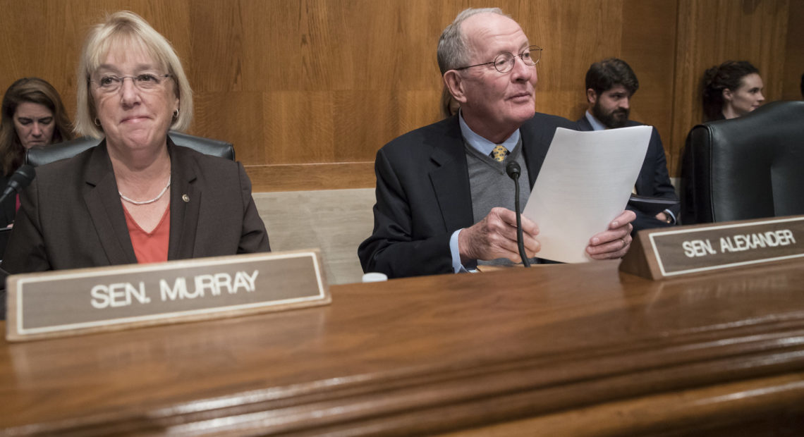 Sen. Patty Murray, D-Wash., the ranking member, and Sen. Lamar Alexander, R-Tenn., chairman of the Senate health committee, introduced legislation to address health care issues such as surprise medical bills and high drug costs. CREDIT: J. Scott Applewhite/AP
