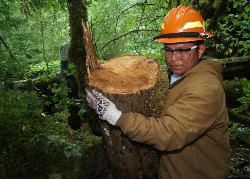 Timber Lake Job Corps Center student Marvin Nez carries a section of fallen log to be placed in the water during a streamside restoration project on the Clackamas River on Sept. 29, 2009, in Estacada, Ore. The project enhances the spawning areas of native salmon on the river. CREDIT: KEITH RIGGS/USDA-Forest Service