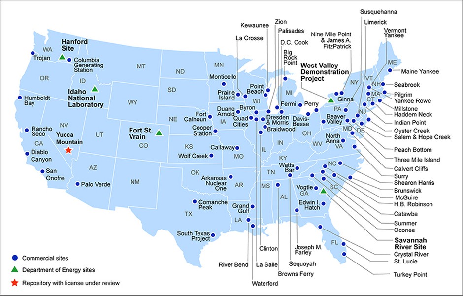 A map of current storage sites for high-level radioactive waste and spent nuclear fuel in the U.S. CREDIT: U.S. Department of Energy