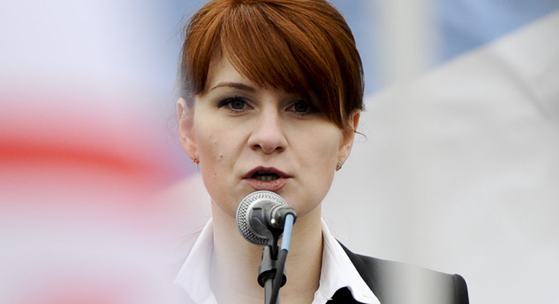 Maria Butina advocates for gun rights in Russia in 2013. Now sentenced to prison, she denies she had any intelligence assignment in the United States. CREDIT: AP