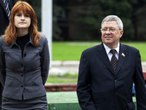 Maria Butina with mentor Alexander Torshin, then a member of Russia's upper house of parliament, in Moscow in 2012. The two sought political influence in the United States. Pavel Ptitsin/AP