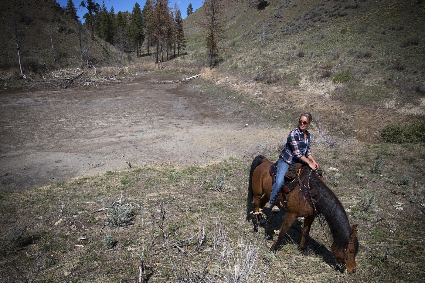 Christina Cline rides her horse, the Big Bad Wolf, next to a dry pond that is typically filled with water, on Tuesday, April 23, 2019, near Carlton, Washington. CREDIT: KUOW PHOTO/MEGAN FARMER